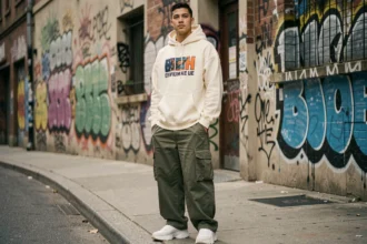 Jeune homme portant un hoodie oversize streetwear avec cargo pants wide-leg dans un décor urbain