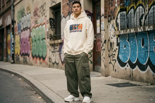 Jeune homme portant un hoodie oversize streetwear avec cargo pants wide-leg dans un décor urbain