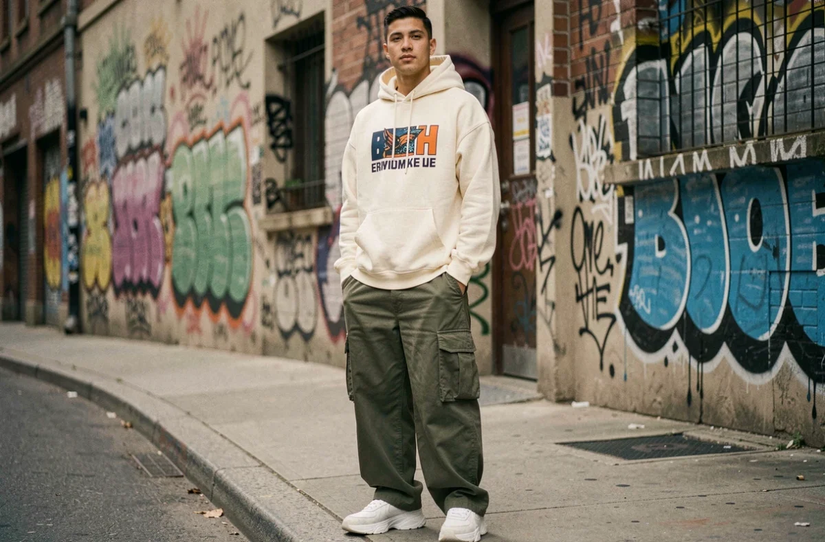 Jeune homme portant un hoodie oversize streetwear avec cargo pants wide-leg dans un décor urbain