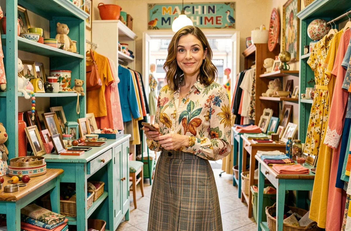 Femme souriante explorant les vêtements et objets vintage de la boutique Machin Machine à Marseille, décor hétéroclite et coloré