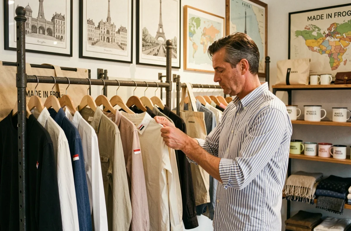 Boutique Made in Frogs à Rennes dédiée à la fabrication française, avec des vêtements étiquetés tricolores sur des portants en fer, des tote bags et des mugs en émail sur fond d'illustrations de monuments français