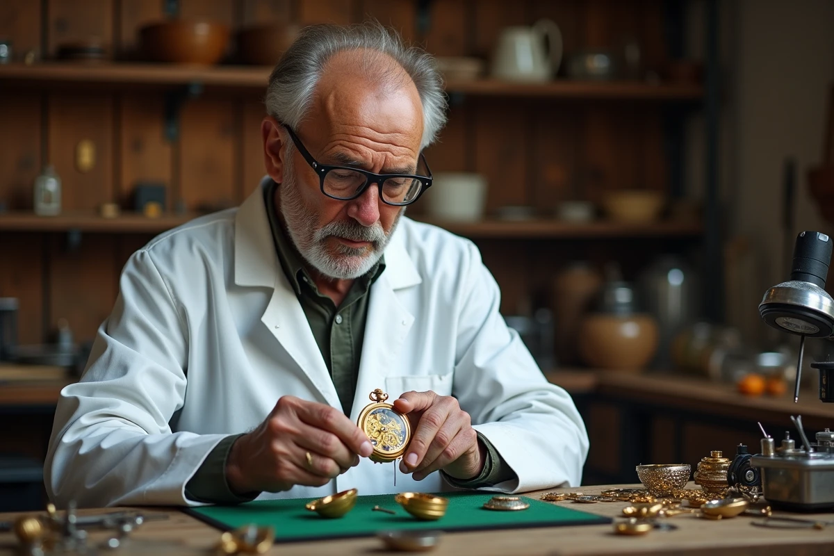 Maître horloger examinant un mécanisme de montre de luxe avec une loupe dans un atelier horloger traditionnel suisse