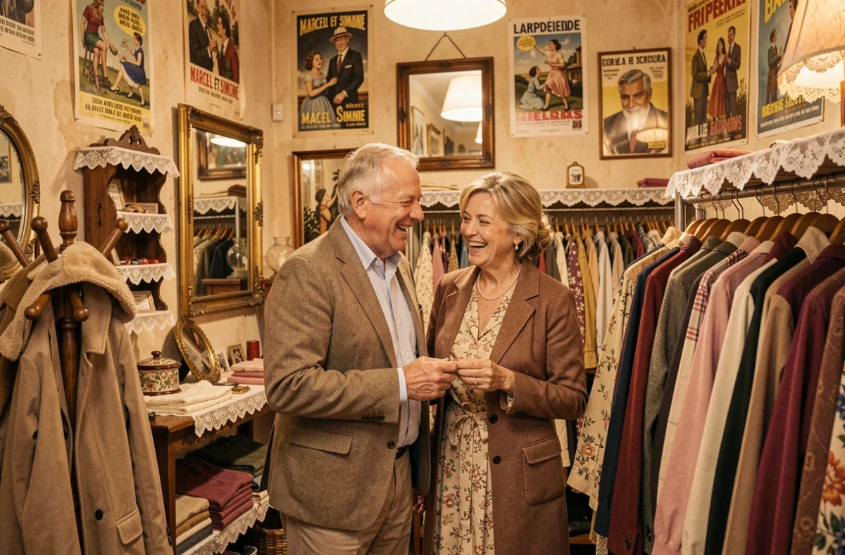 Couple de seniors riant ensemble en parcourant les vêtements vintage de la friperie Marcel et Simone à Marseille, décor provençal nostalgique avec miroirs anciens et affiches rétro