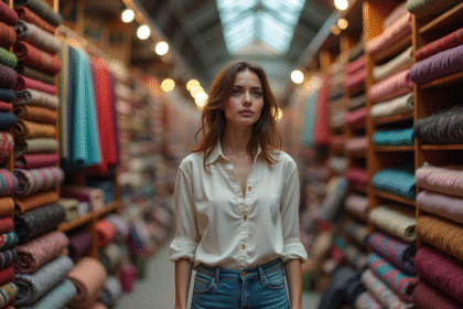 Jeune femme dans un marché textile coloré et animé