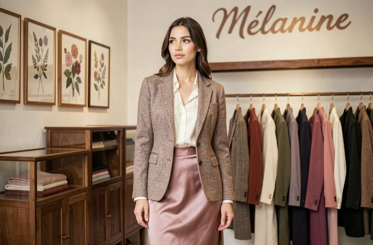 Jeune femme élégante en tenue vintage soignée dans la boutique Mélanine Vintage à Marseille, vêtements rangés par dégradé de couleur sur des portants minimalistes