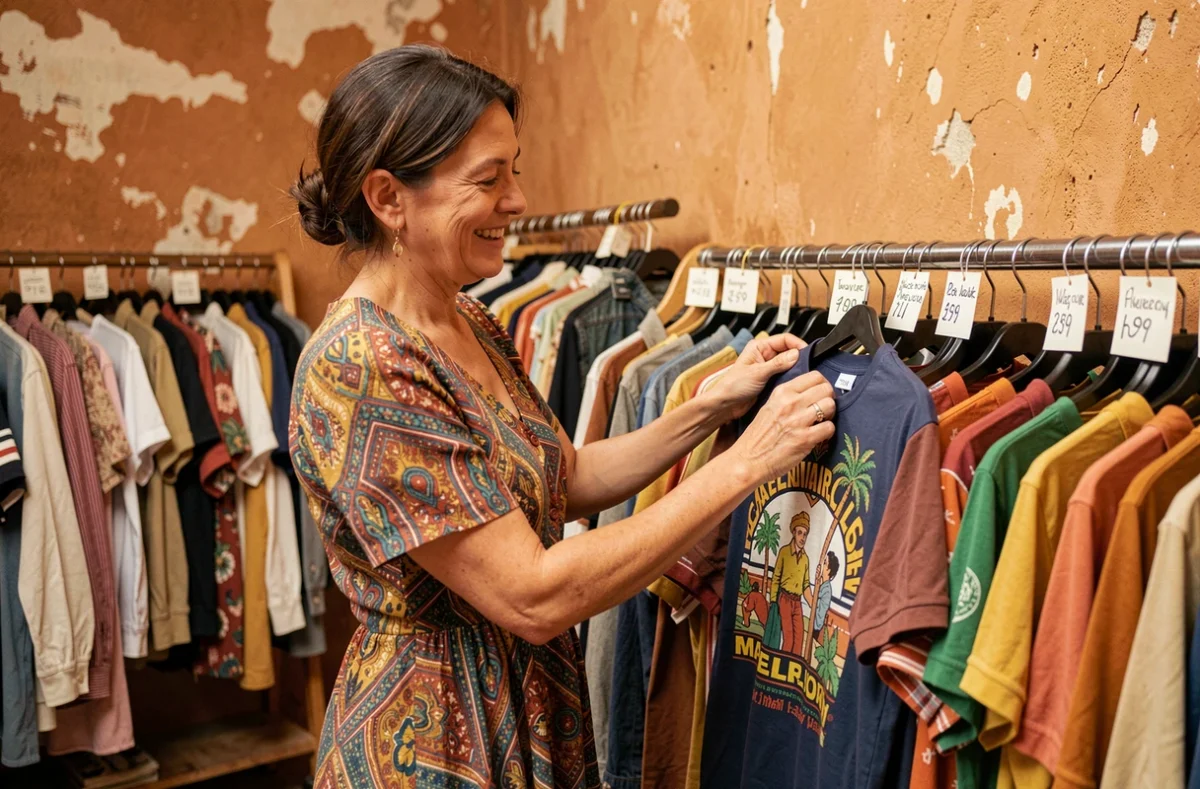 Femme d'âge mûr inspectant une chemise imprimée colorée dans la friperie Merguez Fripe à Marseille, murs en plâtre et étiquettes manuscrites