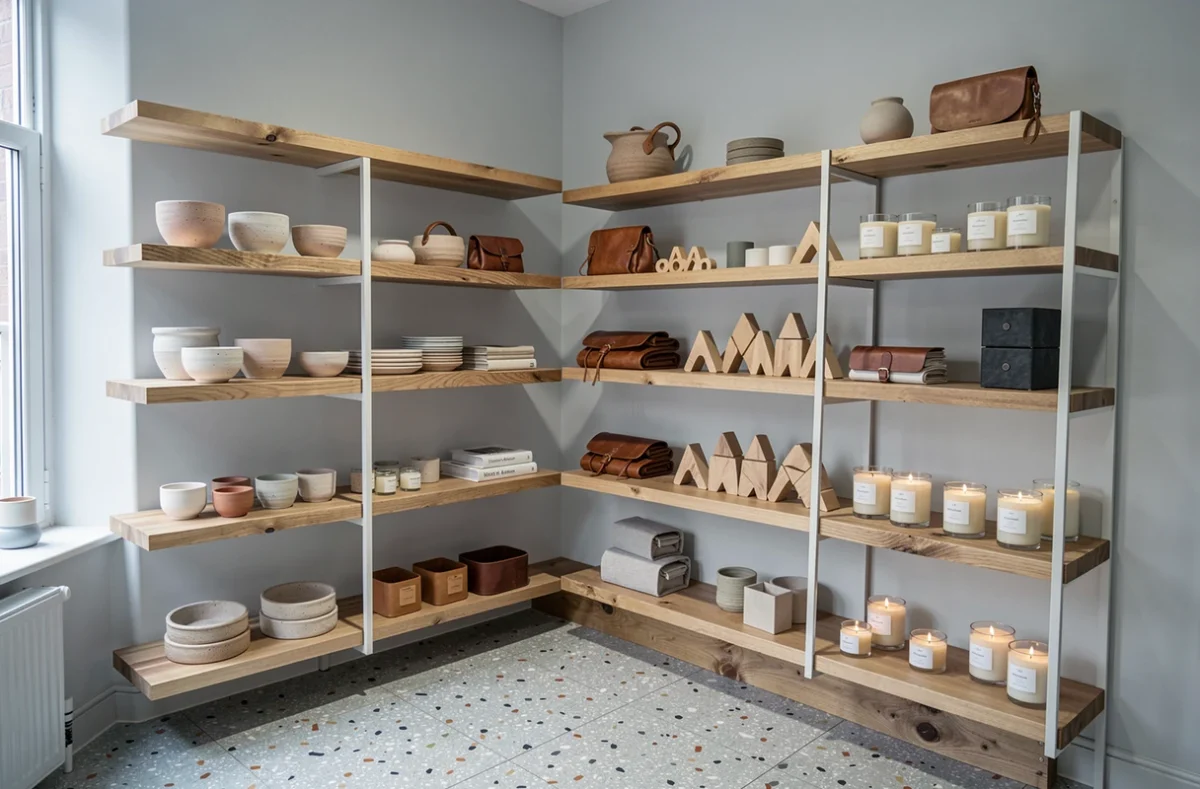 Boutique Mint à Rennes spécialisée en design et artisanat, présentant de la poterie faite main, des objets en cuir et des jouets en bois géométriques sur des étagères en chêne brut