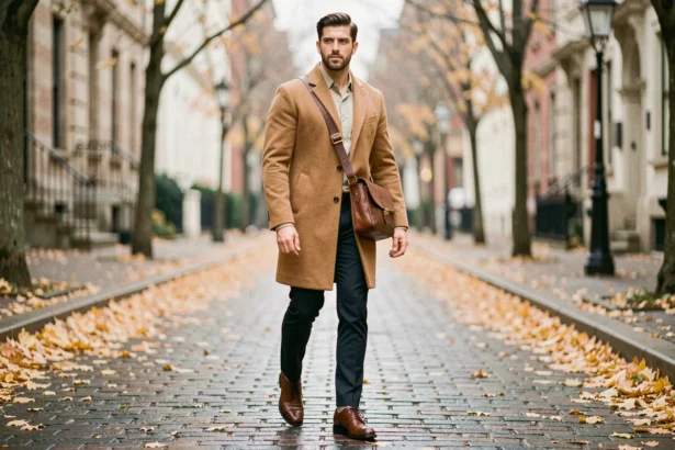 Homme en manteau camel portant une sacoche en cuir marron en automne sur un trottoir pavé