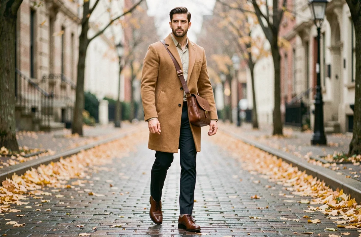 Homme en manteau camel portant une sacoche en cuir marron en automne sur un trottoir pavé