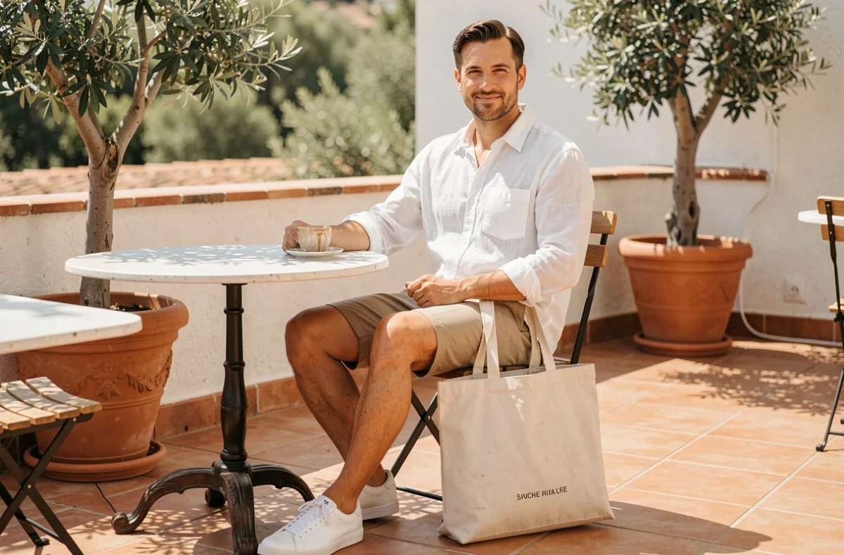 Homme en tenue estivale décontractée avec un sac toile en terrasse de café méditerranéen