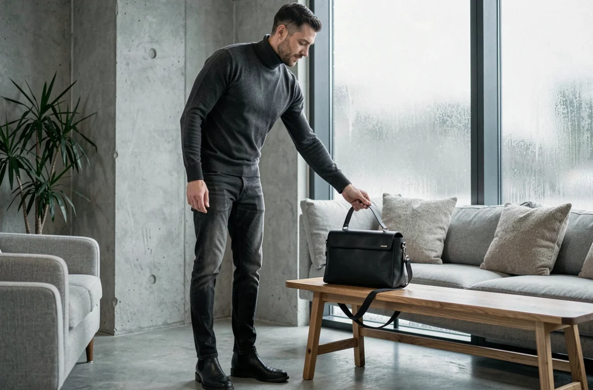 Homme en pull col roulé anthracite avec une sacoche noire structurée dans un appartement minimaliste en hiver
