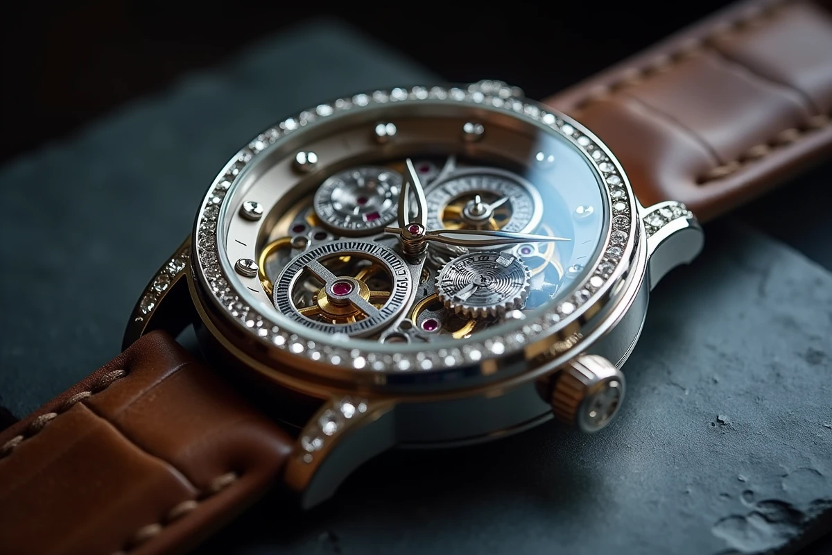 Montre mécanique ultra-luxueuse en platine avec mouvement squelette visible et serti de diamants sur ardoise sombre