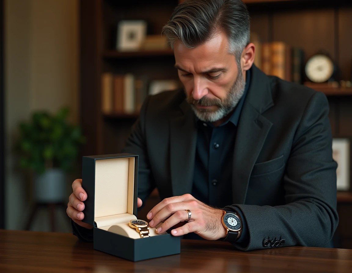 Homme rangeant une montre en or plaqué dans un écrin cadeau sur un bureau en bois sombre