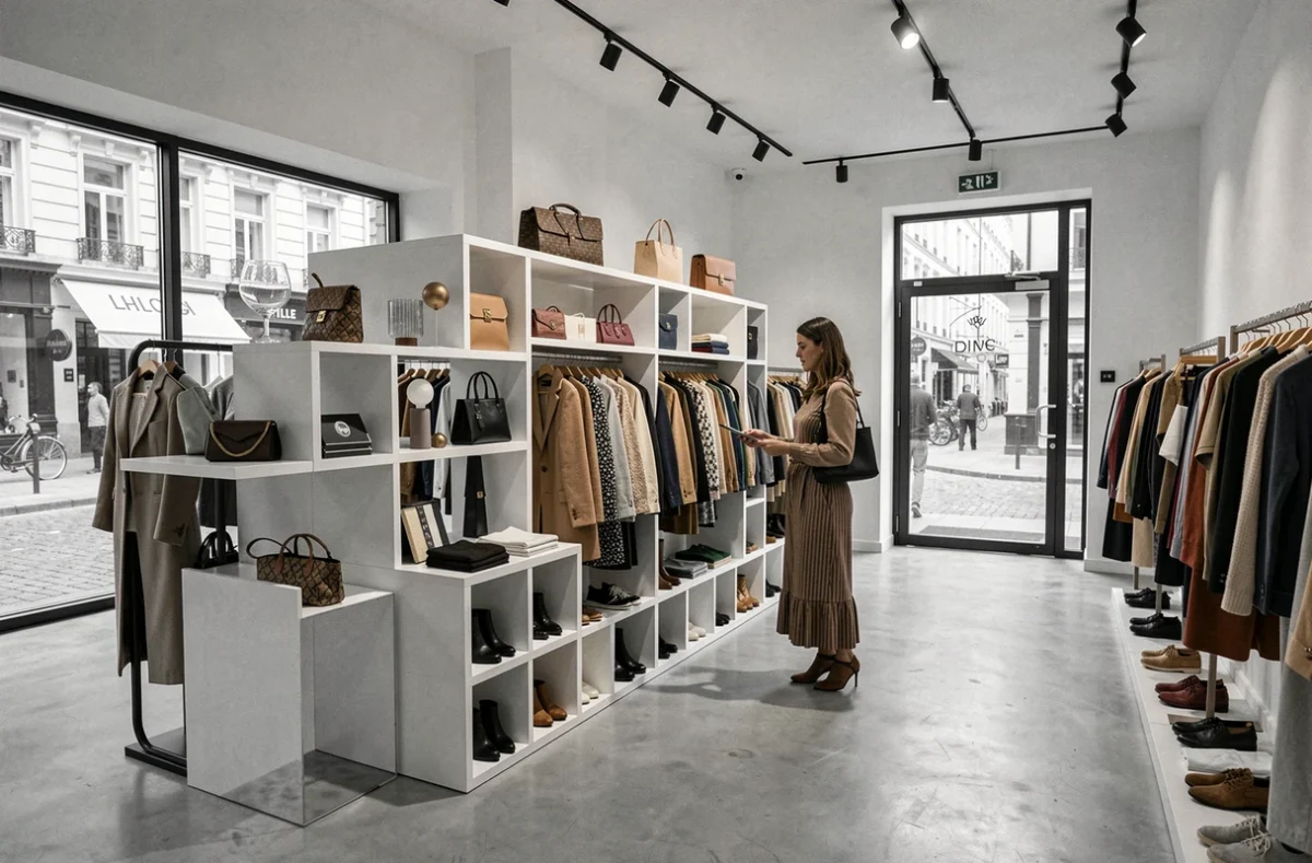 Intérieur épuré du concept store Mood à Lille avec vêtements et objets design exposés
