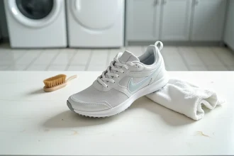 Nettoyage des Nike TN Lisboa avec une brosse douce et un chiffon microfibre sur une surface en bois blanc