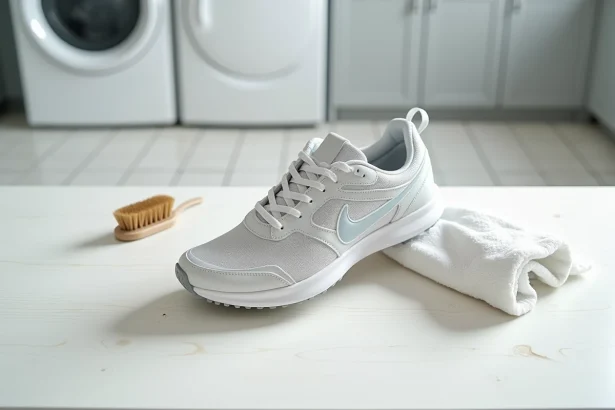 Nettoyage des Nike TN Lisboa avec une brosse douce et un chiffon microfibre sur une surface en bois blanc