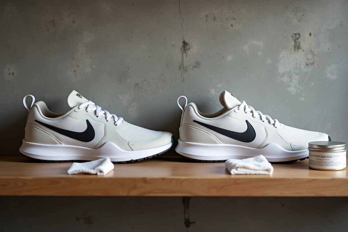 Paire de Nike TN Lisboa propres et entretenues exposées sur une étagère en bois avec accessoires de nettoyage
