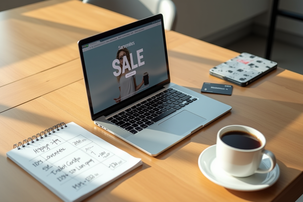 Ordinateur portable affichant un site de soldes avec une tasse de café et un calendrier sur une table en bois
