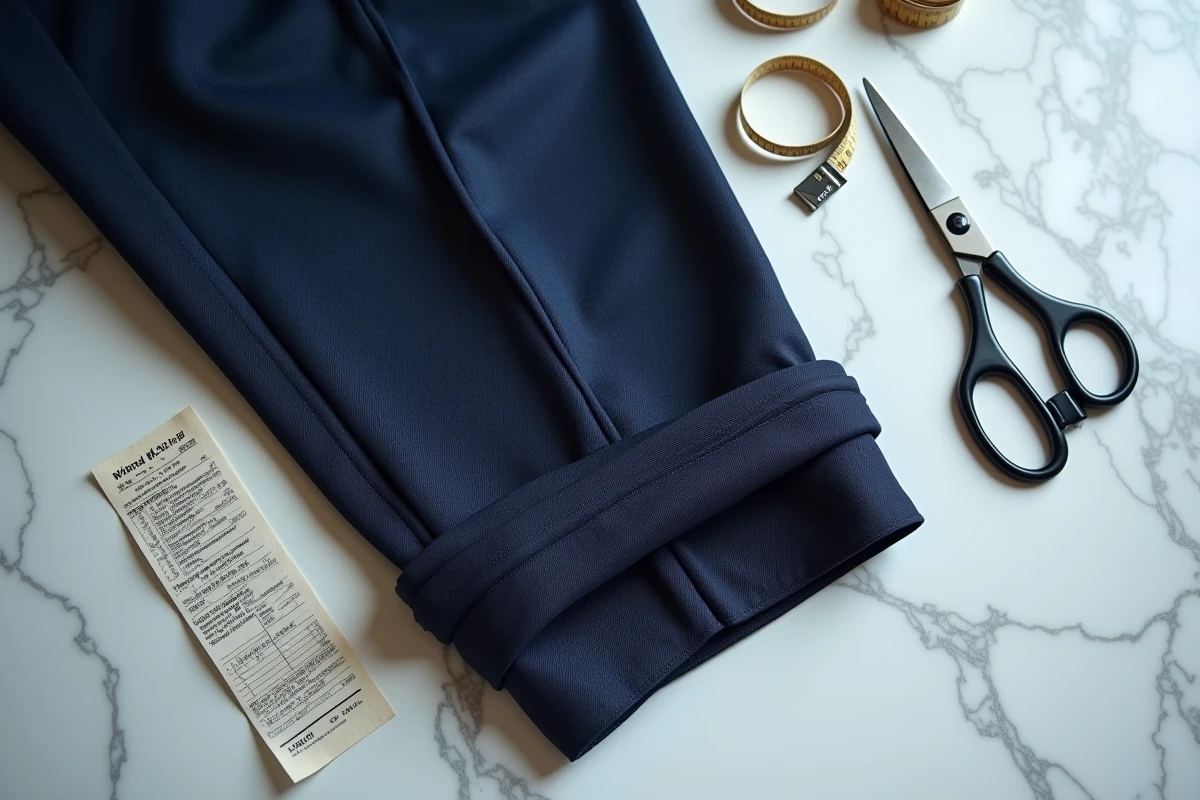 Gros plan sur l'ourlet cousu d'un pantalon de marque en laine avec mètre ruban et ciseaux de tailleur sur marbre blanc