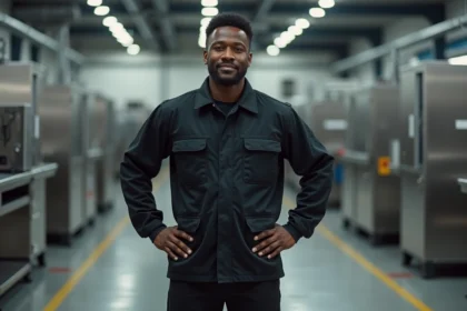 Homme industriel noir debout dans une usine moderne