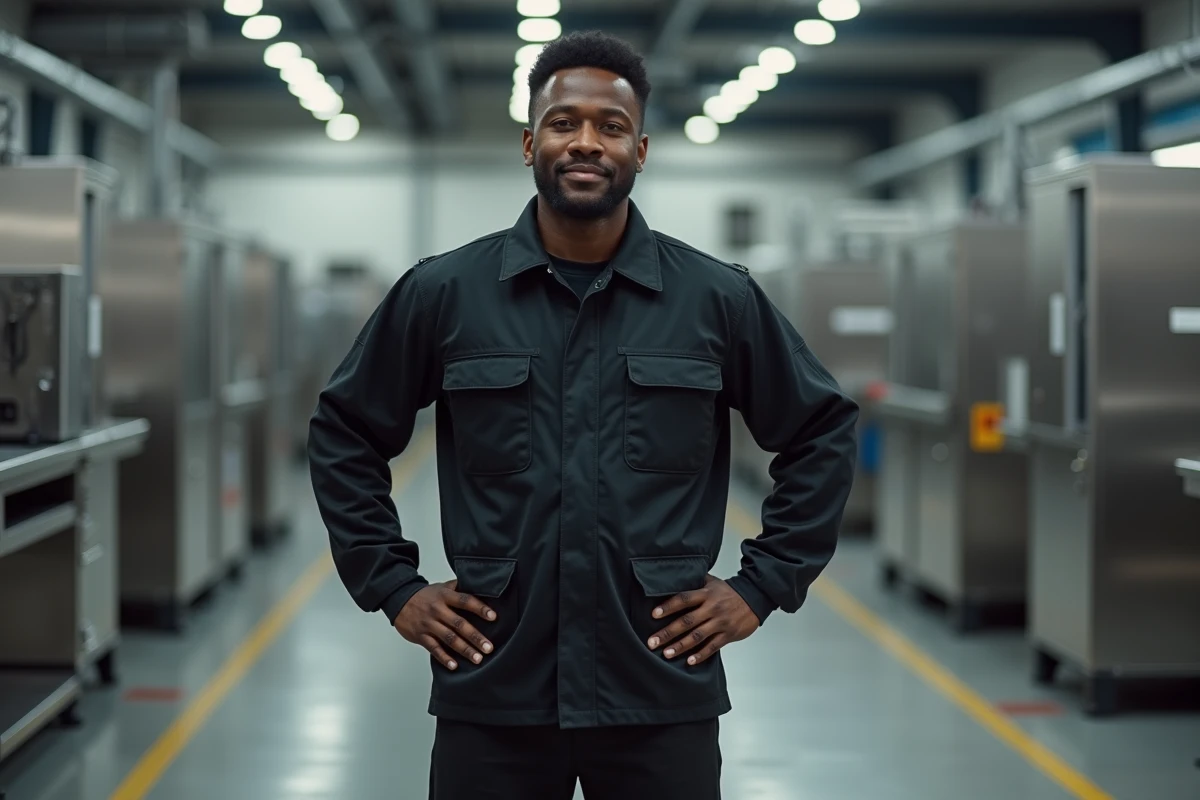 Homme industriel noir debout dans une usine moderne