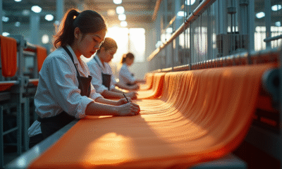 Ouvriers textiles utilisant des machines modernes dans une usine lumineuse