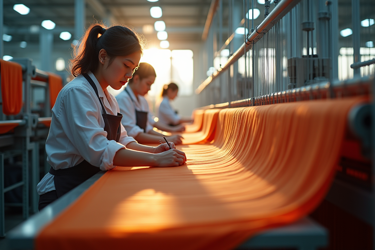 Ouvriers textiles utilisant des machines modernes dans une usine lumineuse