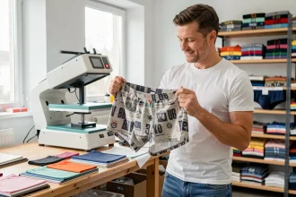 Homme examinant un boxer personnalisé dans un atelier de textile avec impression sur vêtement