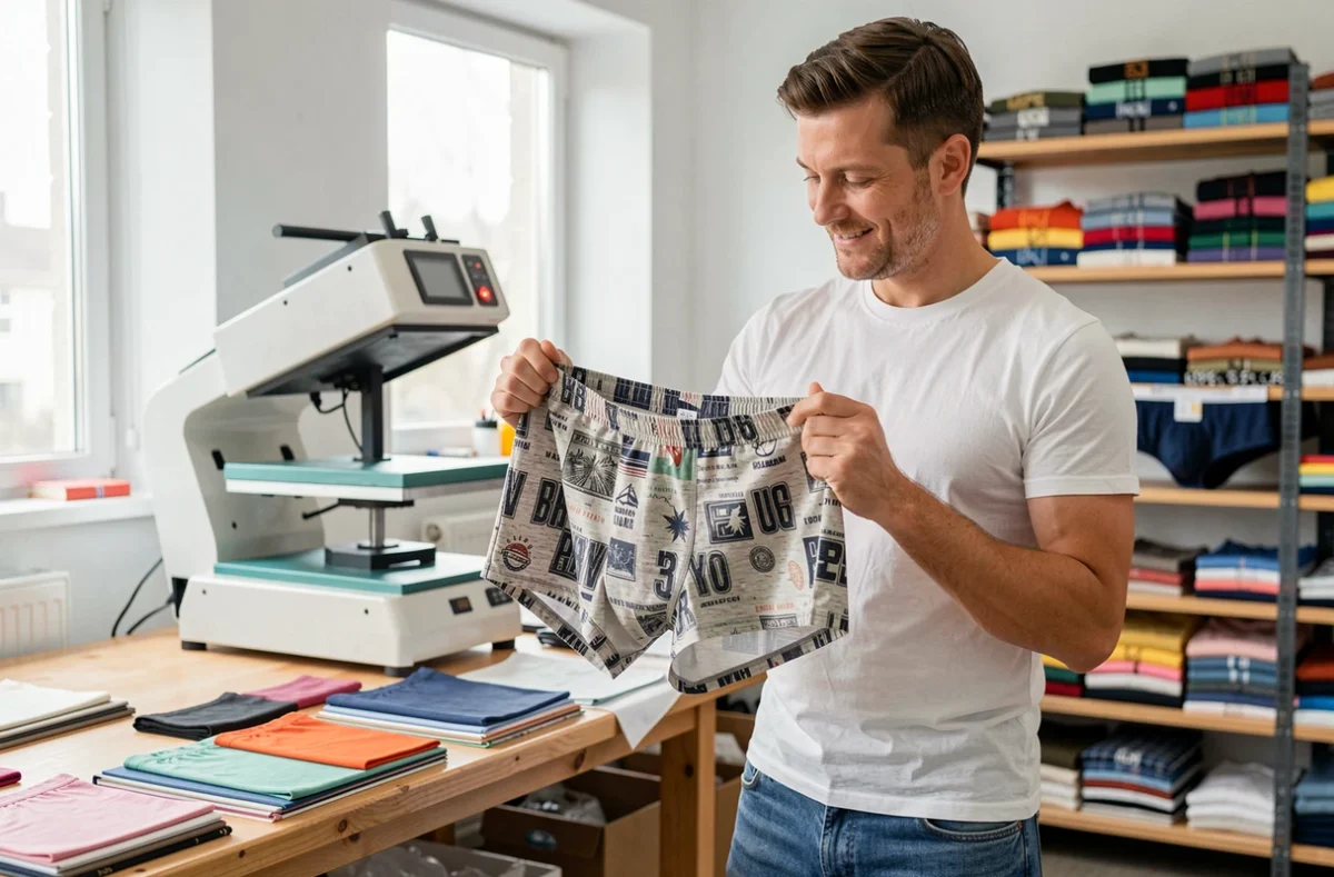 Homme examinant un boxer personnalisé dans un atelier de textile avec impression sur vêtement
