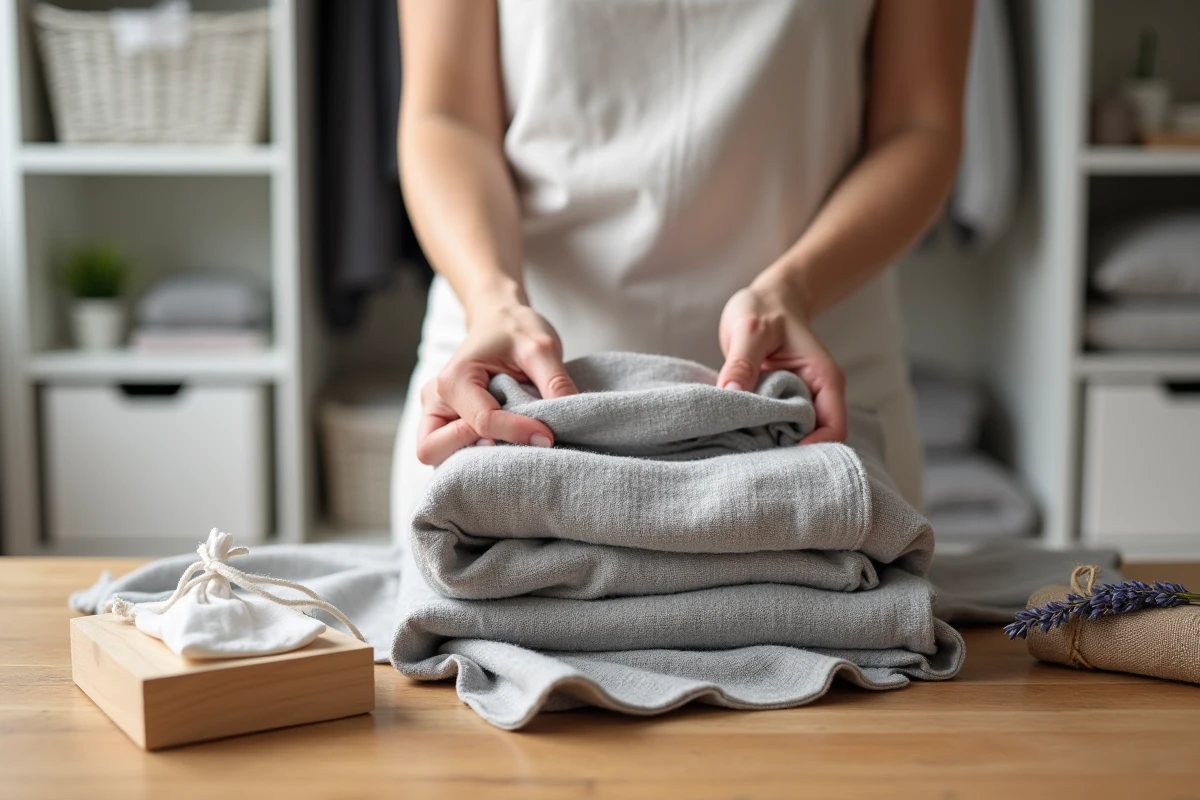 Mains pliant soigneusement un châle pashmina gris sur une surface en bois avec des accessoires de rangement anti-mites naturels