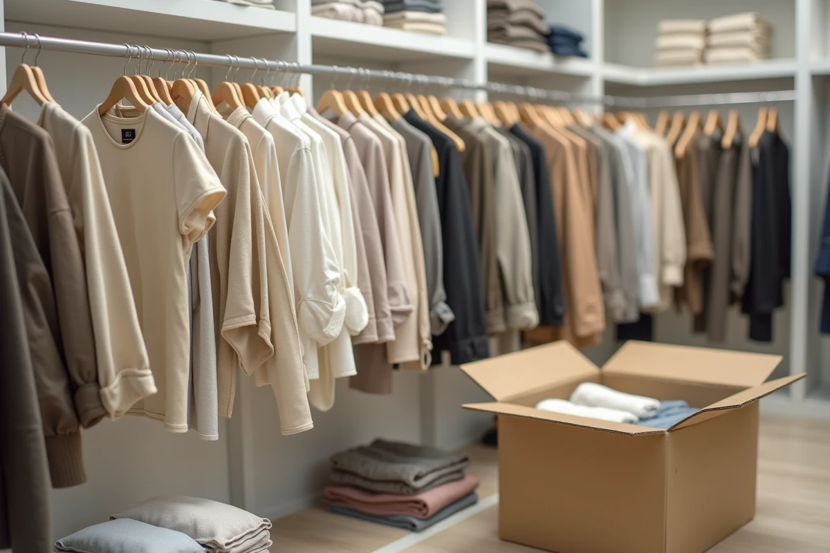 Détail d'un portant de vêtements Zara mi-plein mi-vide avec étiquettes de prix visibles et cartons de stockage au sol, symbolisant une fermeture ou réorganisation de magasin