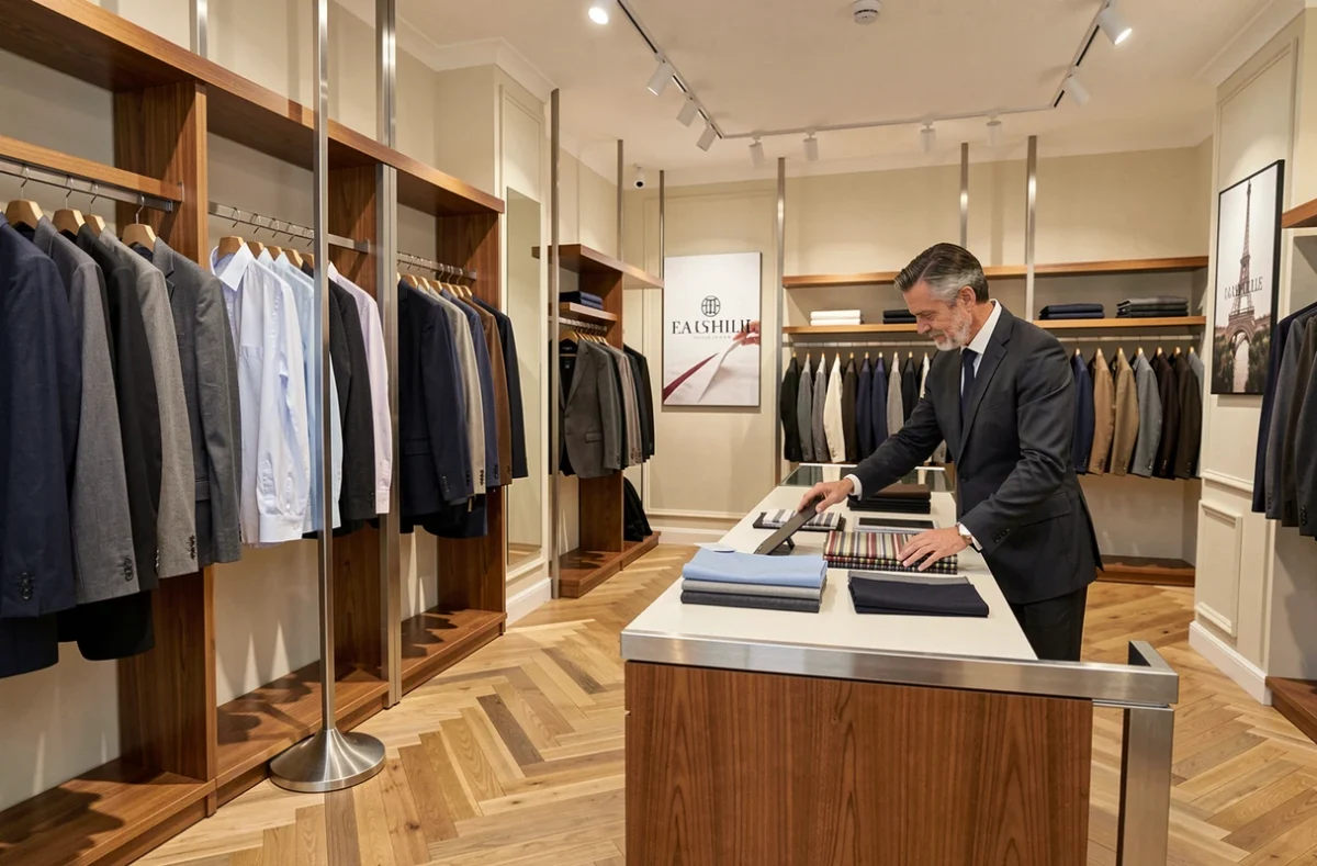 Intérieur élégant d'une boutique mode homme à Lille avec costumes et chemises sur présentoirs