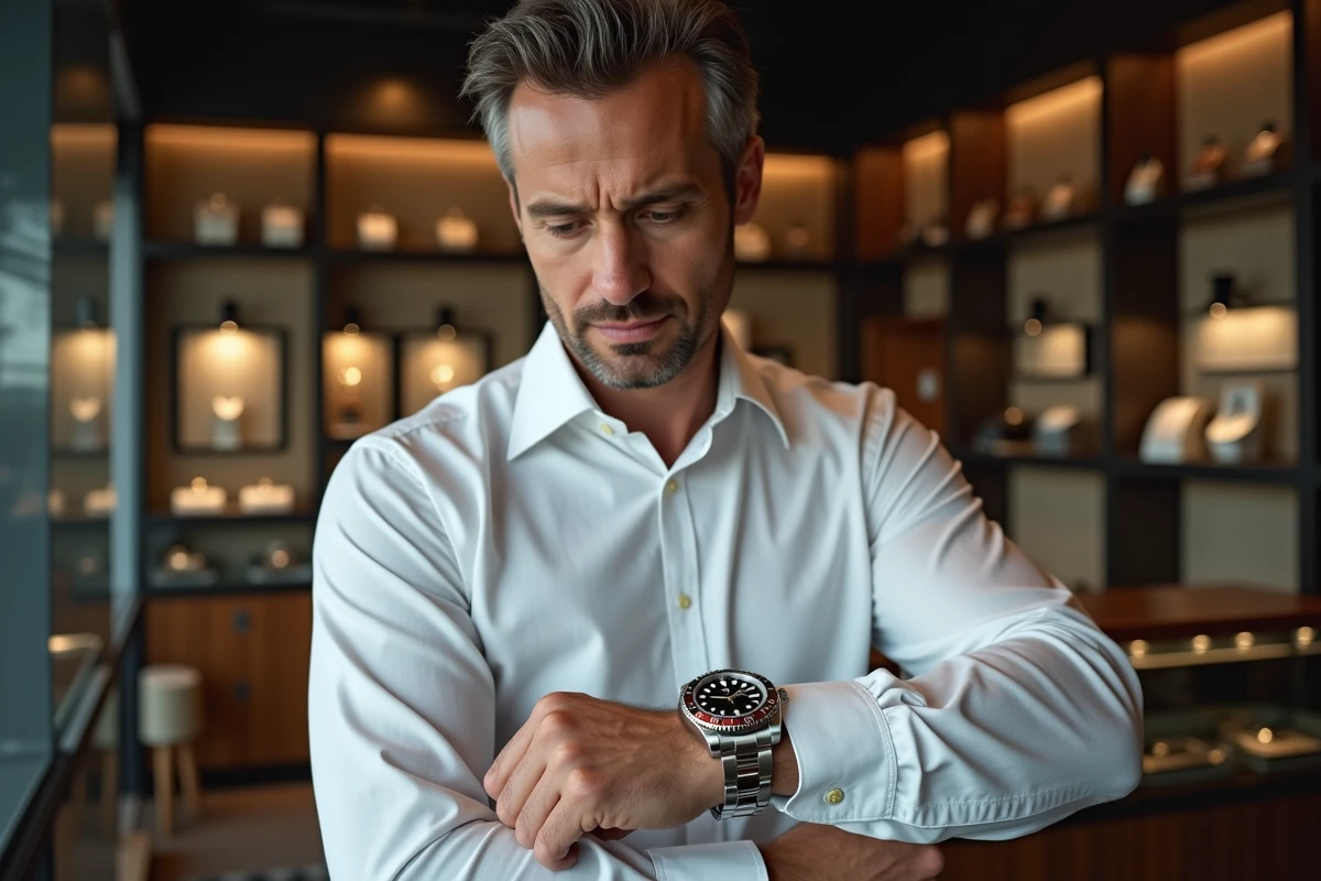 Homme en chemise blanche examinant une Rolex Submariner en acier dans une boutique de montres de luxe