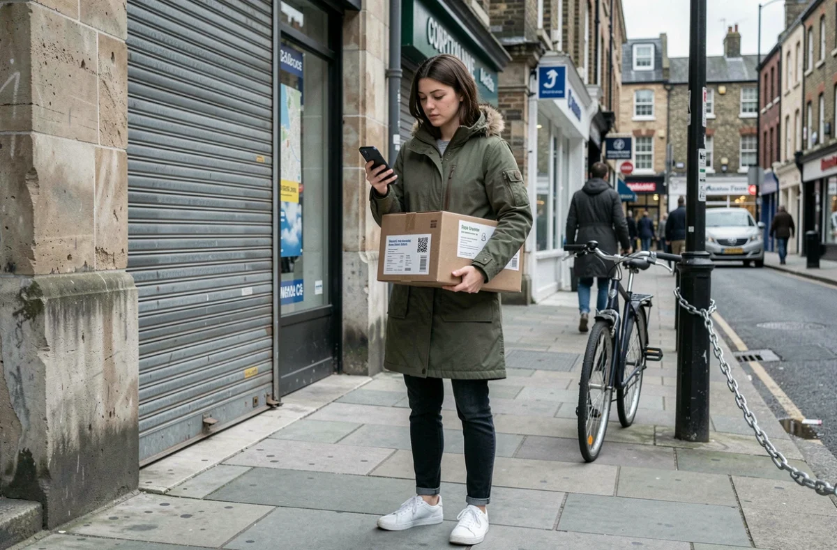 Jeune femme cherchant un point de dépôt Vinted chez un commerçant de quartier avec son smartphone