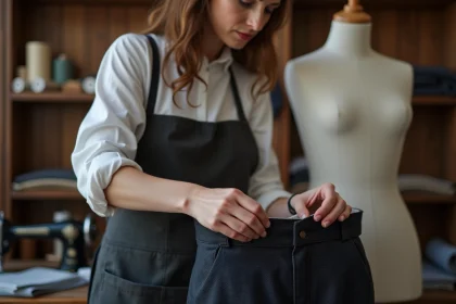 Tailleuse professionnelle épinglant l'ourlet d'un pantalon de luxe en laine dans un atelier de couture parisien