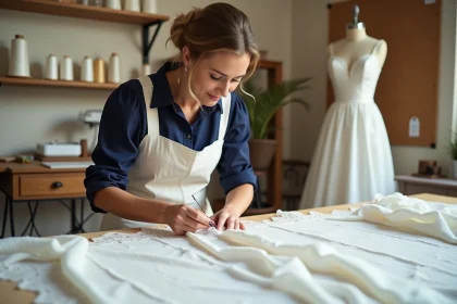 Couturière réalisant des retouches sur une robe de mariée en dentelle ivoire dans un atelier de couture à Nice