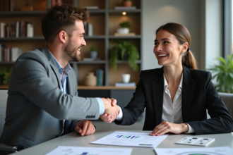 Femme en blazer serre la main d'un homme lors d'une réunion d'affaires