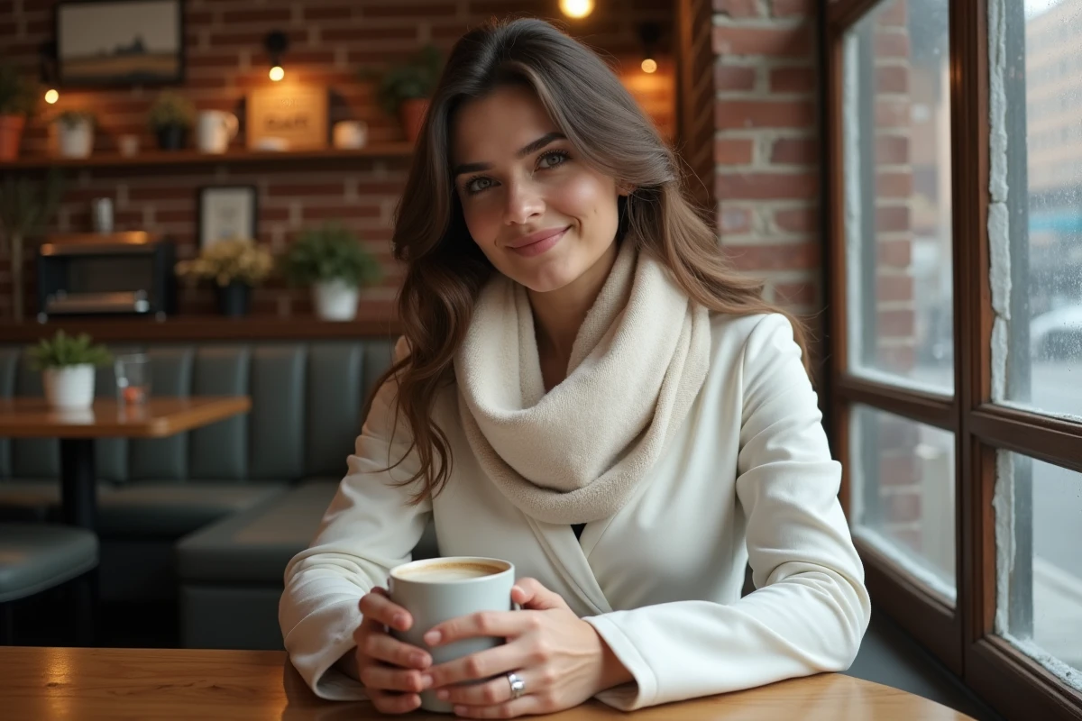 Femme en robe blanche structurée avec collants crème et bottes cognac, assise dans un café cosy en hiver tenant une tasse chaude