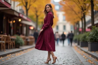 Femme portant une robe midi bordeaux avec des escarpins nude pointus pour paraître plus grande, dans une rue parisienne en automne