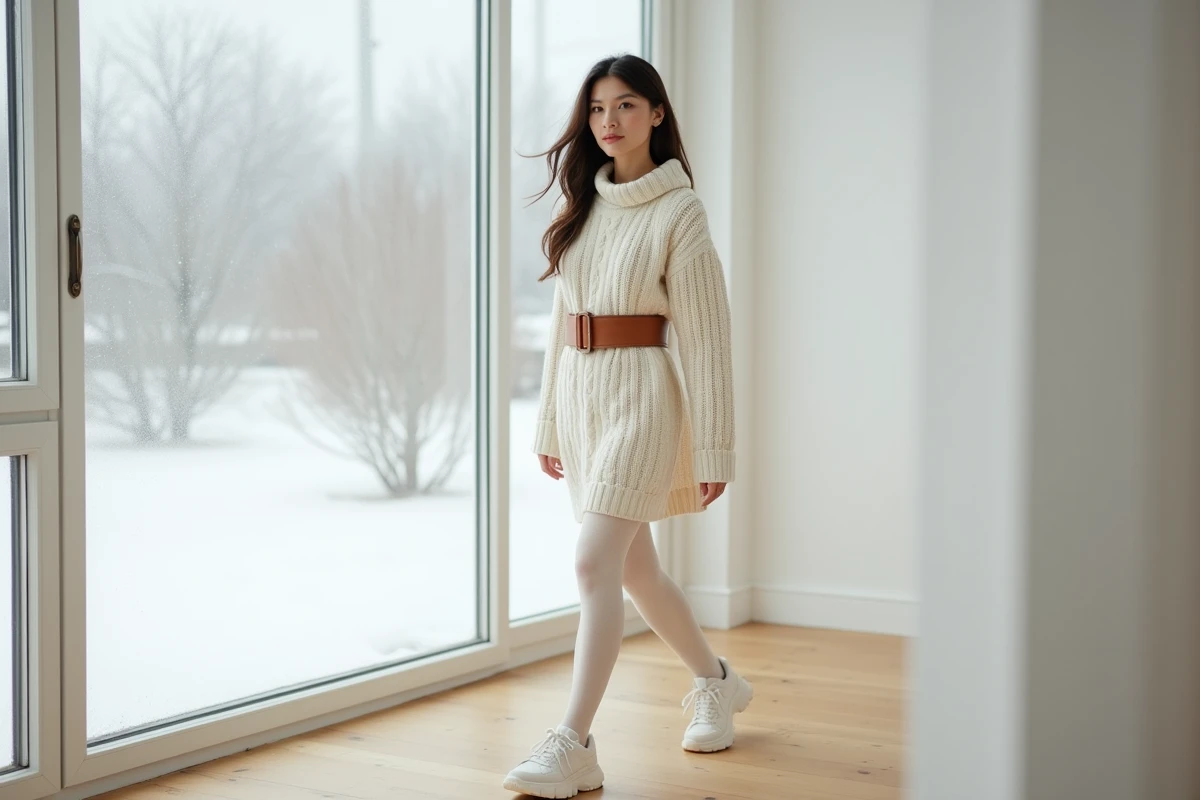 Femme en robe pull blanche oversize ceinturée portée avec des collants et des sneakers, marchant dans un intérieur scandinave épuré sous la neige