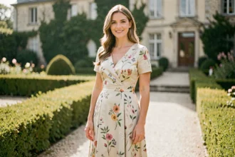 Femme en robe SINEQUANONE fleurie midi dans un jardin de château pour un mariage en 2026