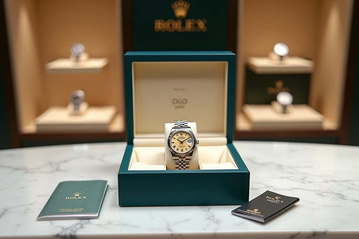 Rolex Datejust 36 dans son écrin bleu ouvert sur marbre blanc avec livret et étiquette, vue aérienne en boutique de luxe