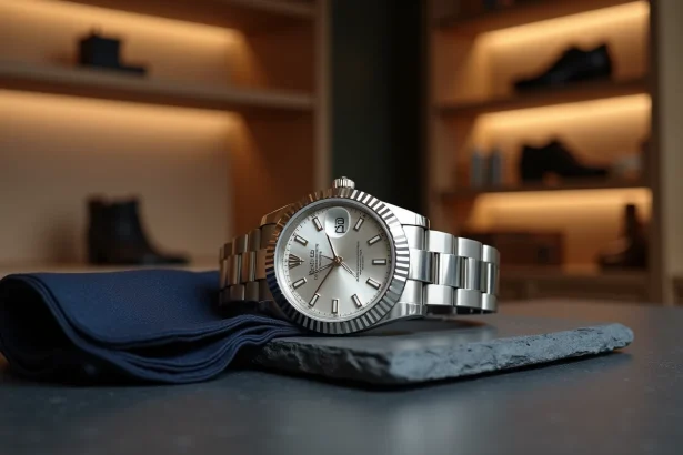 Rolex Datejust 36 posée sur une ardoise sombre avec un carré de poche marine, vue macro du cadran et du bracelet Oyster en acier poli