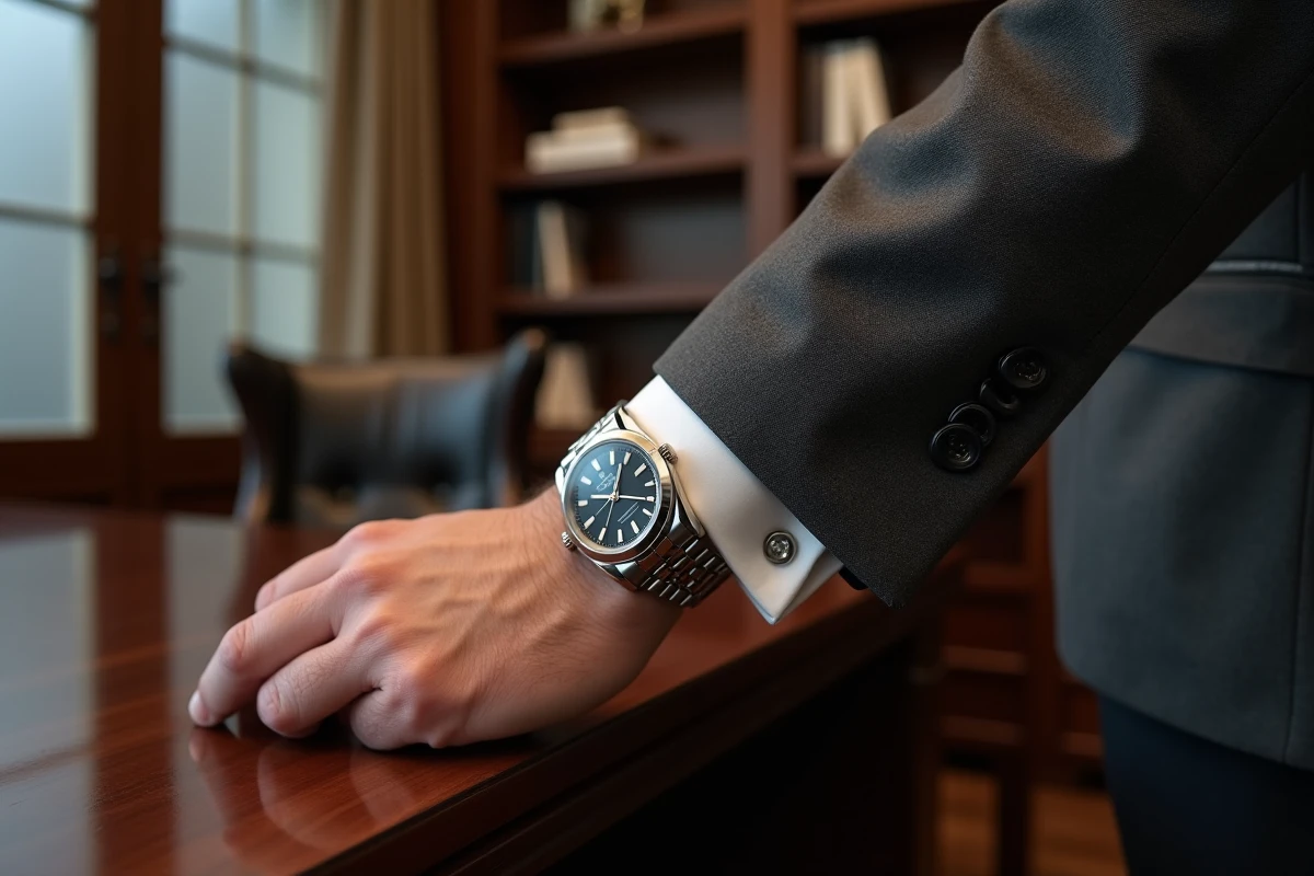 Homme en costume gris portant une Rolex Datejust 36 au poignet dans un bureau de luxe, bracelet Jubilee visible sous la manchette