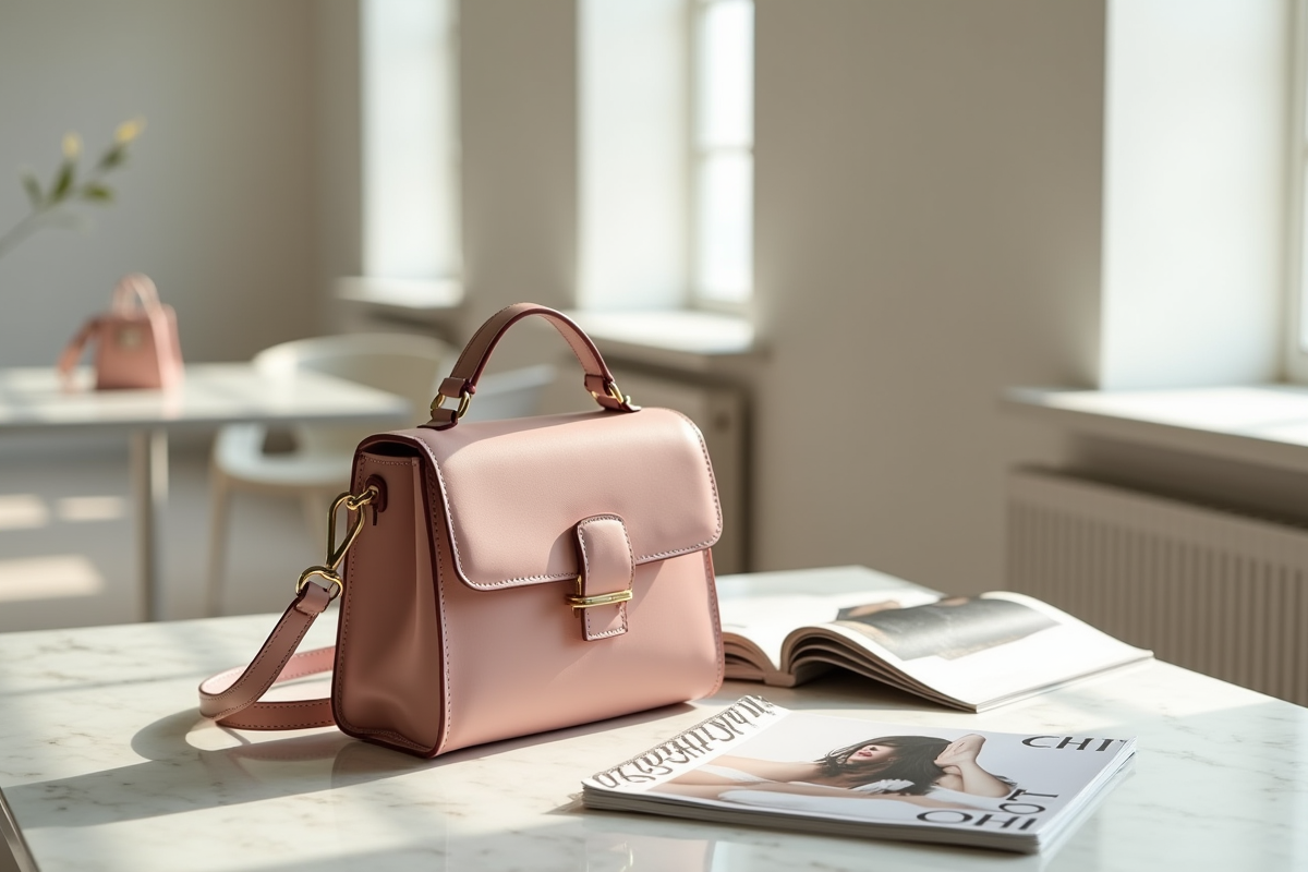 Sac à bandoulière chic sur table en marbre lumineux