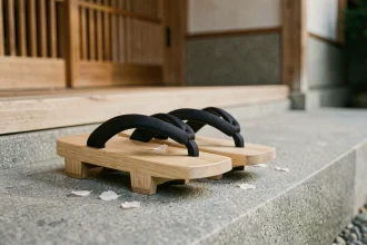 Paire de sandales japonaises geta en bois posées sur un perron en pierre avec des pétales de sakura, vue extérieure minimaliste