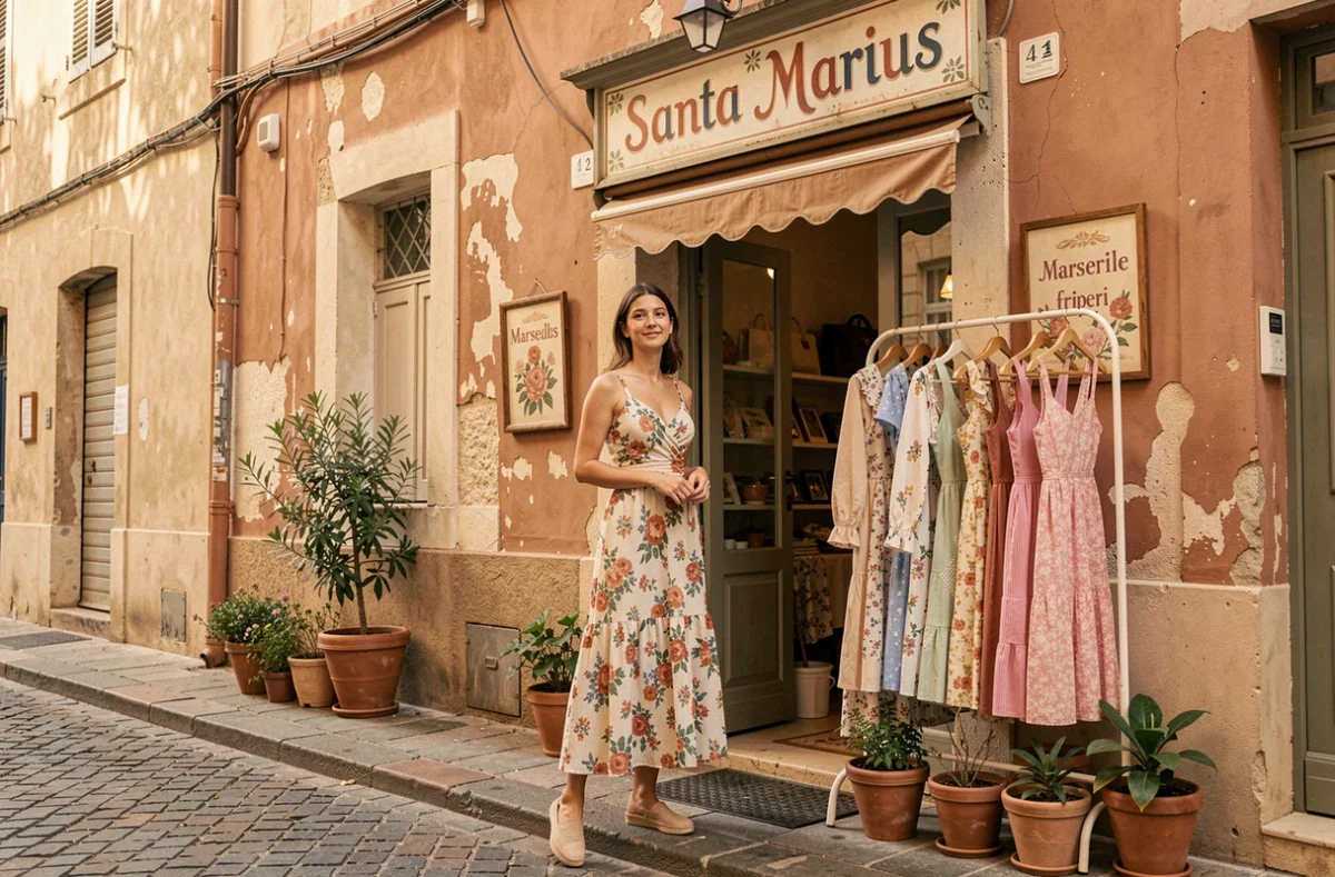 Jeune femme en robe fleurie vintage devant la friperie Santa Marius à Marseille, façade méditerranéenne avec portant de robes d'été sur le trottoir