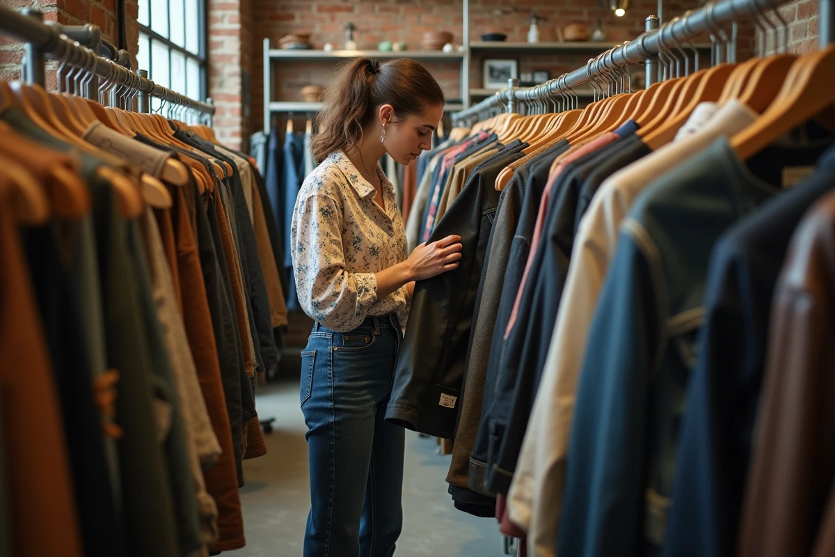 Femme feuilletant des vêtements vintage dans une boutique de seconde main aux murs en briques apparentes