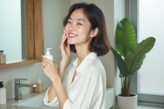 Jeune femme koreenne appliquant tonique visage naturel