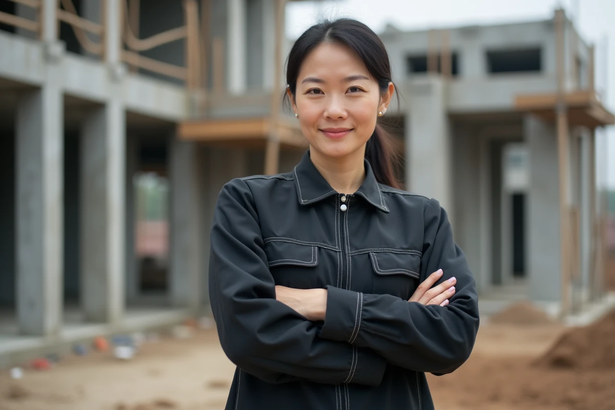 Femme superviseure en uniforme noir sur un chantier